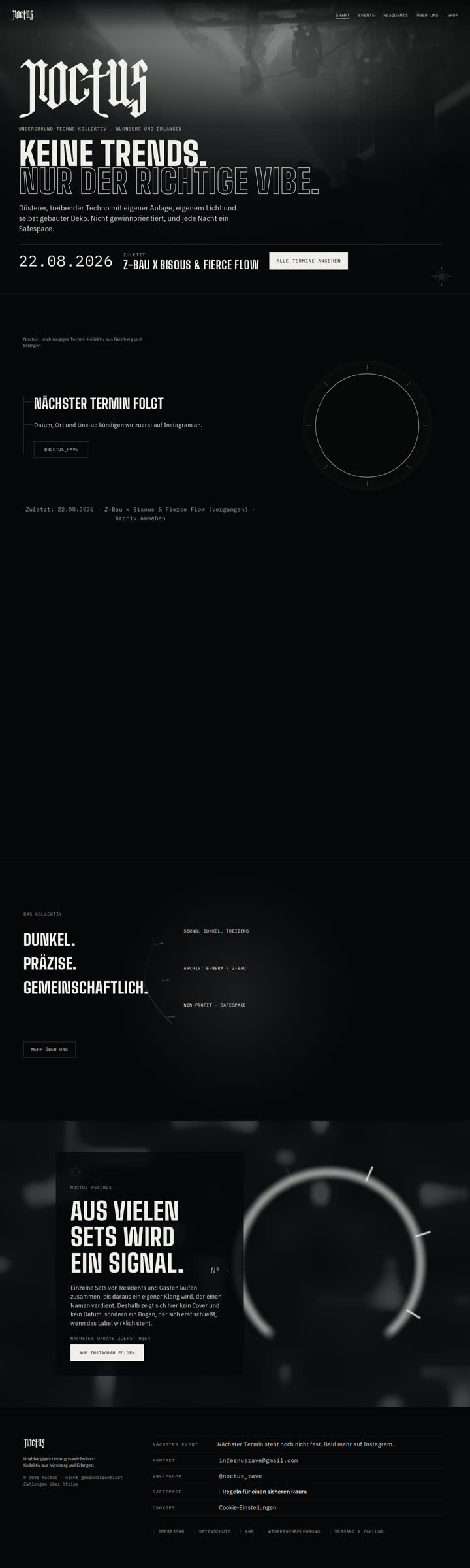Startseite von Noctus: Schriftzug Noctus, darunter Keine Trends. Nur der richtige Vibe.