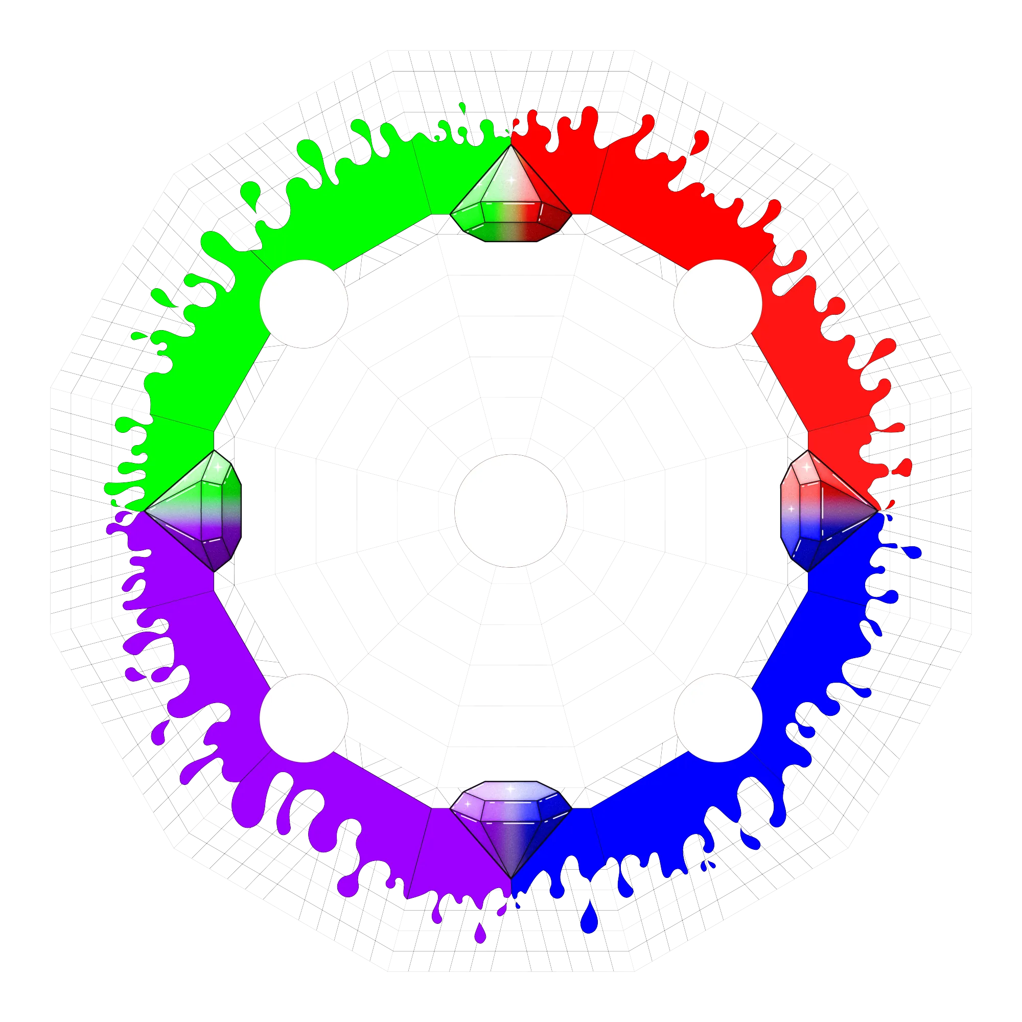 Grafik: Breakdance-Podium mit vier Farbfeldern und gefüllten Diamanten in Grün, Rot, Blau und Violett